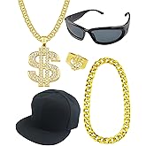 Riuziyi 5 Pack Hip Hop Costume Kit Rapper Accessories 2000s 80s 90s Outfit Fake Gold Chain Sunglasses Ring Hat for Rapper