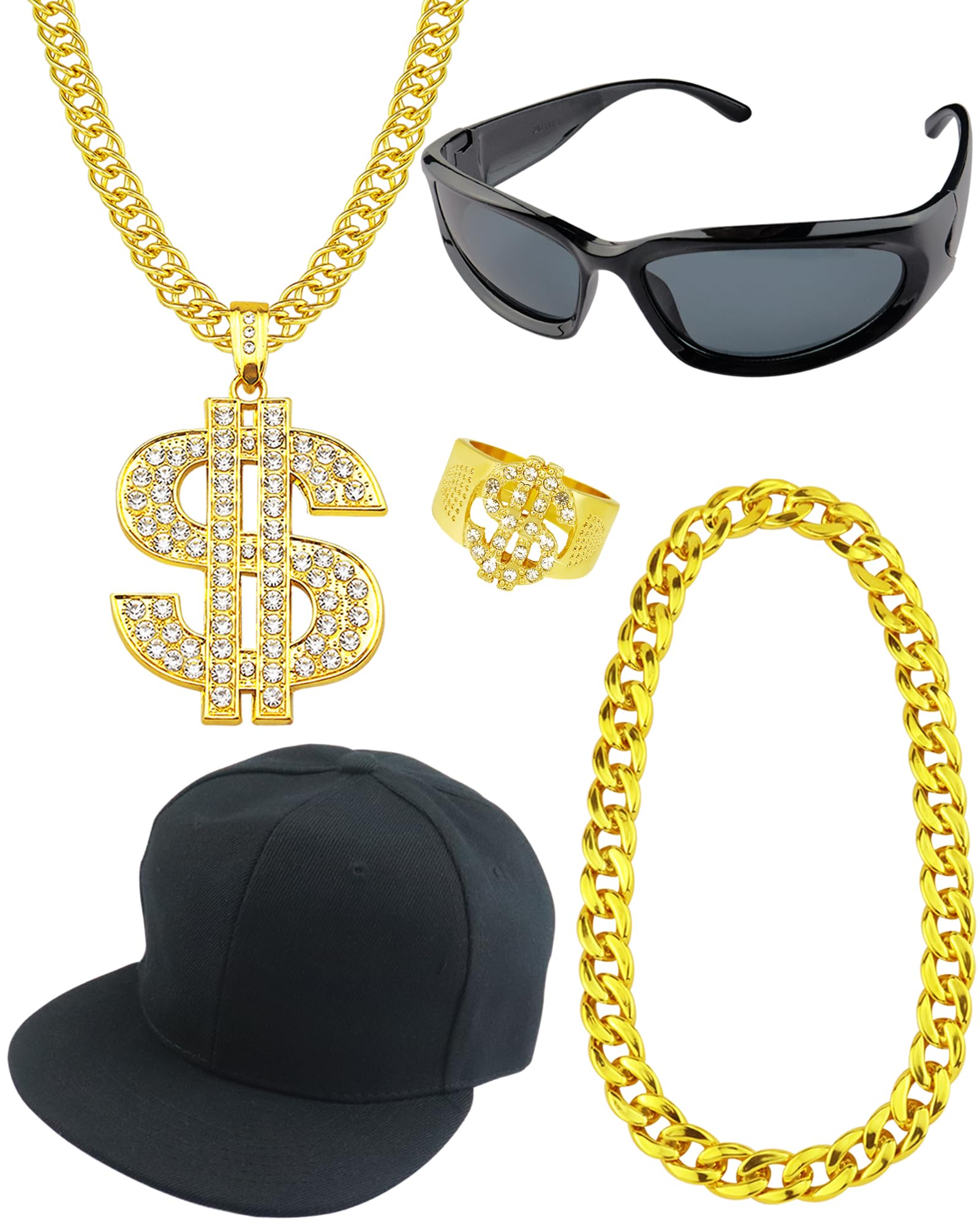 Photo 1 of Riuziyi 5 Pack Hip Hop Costume Kit Rapper Accessories 2000s 80s 90s Outfit Fake Gold Chain Sunglasses Ring Hat for Rapper (Black & Gold)