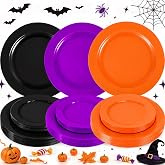 joy akkess 60PCS Halloween Plastic Plates Heavy Duty for Halloween | Black Orange and Purple Plates Include 30 Dinner Plates(10.25