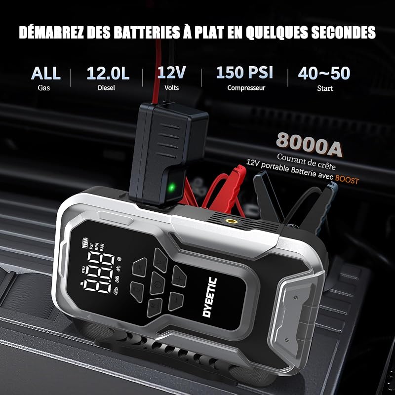 Booster Batterie Voiture Lithium 8000A avec Compresseur 150PSI/10.3Bar