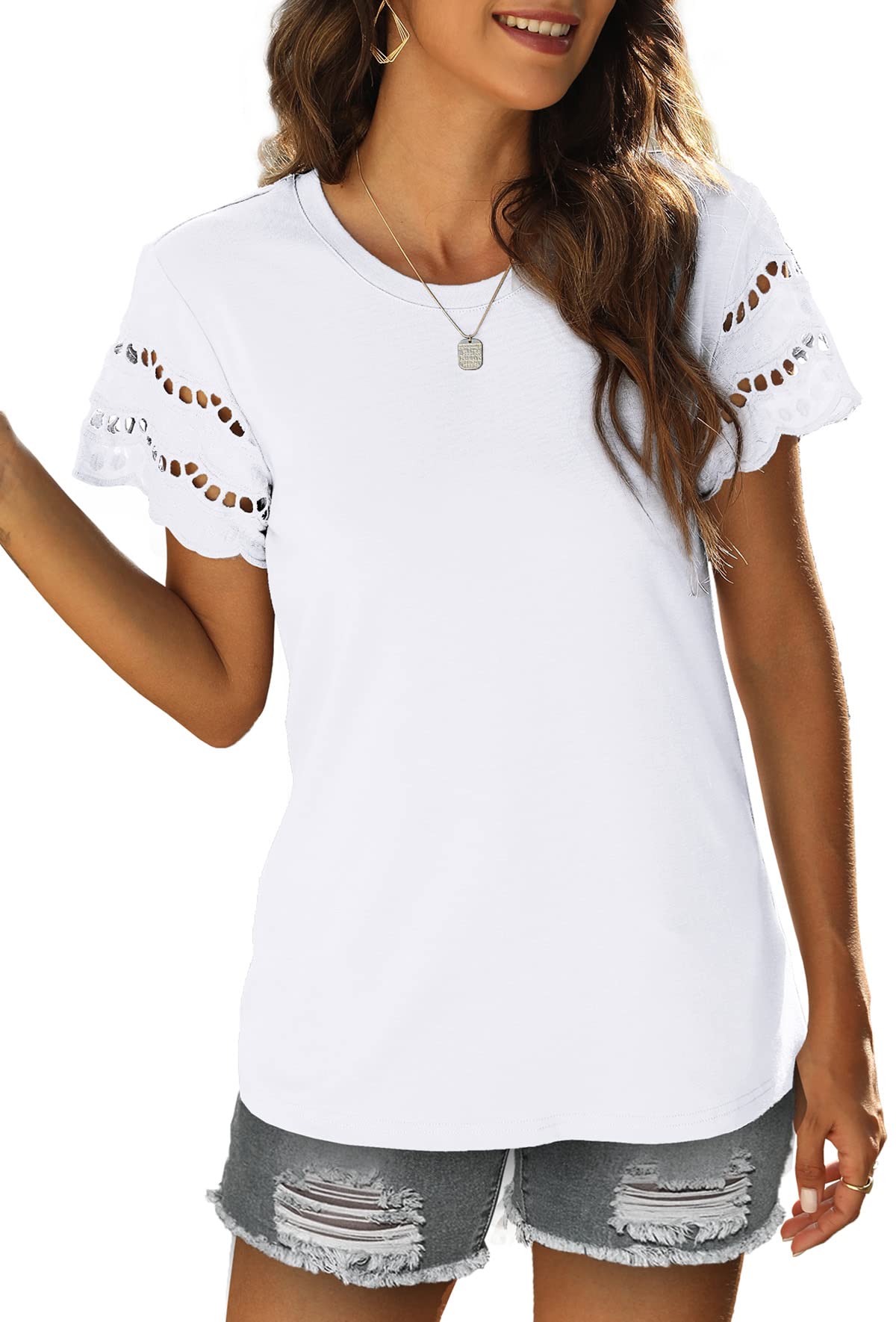 Photo 1 of T Shirts for Women Lace Short Sleeve Loose Casual Summer Tshirt,White,L