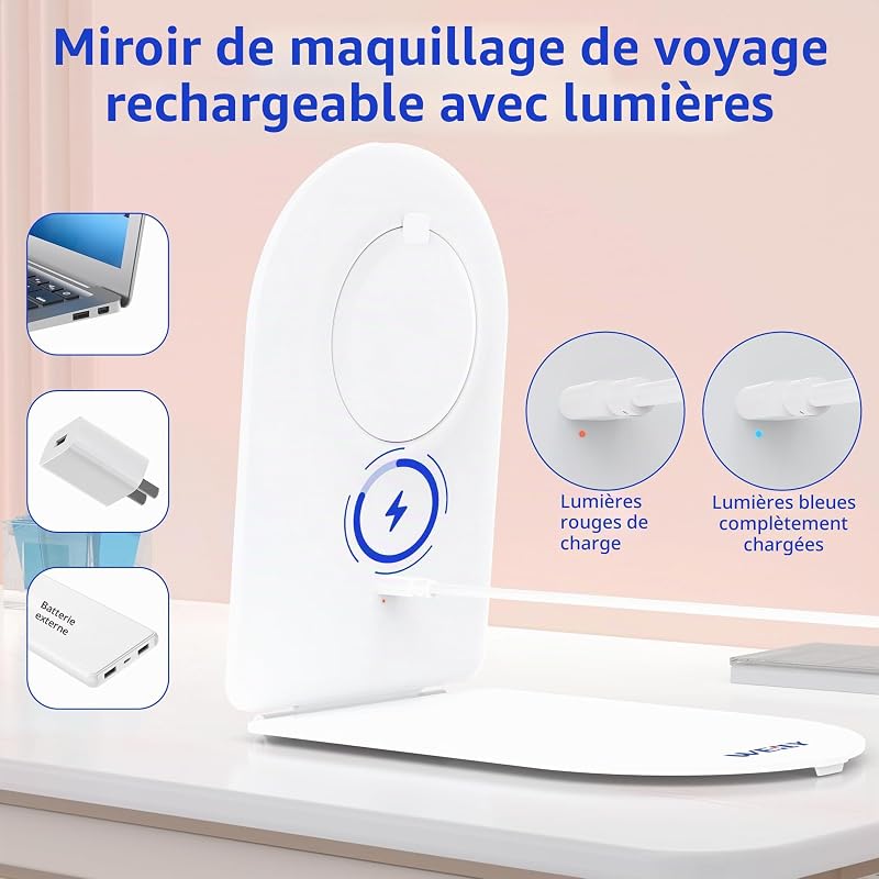 Miroir de Maquillage LED Grossissant 1X/10X, Éclairage 3 Tons Réglable, Miroir de Toilette Portable, Contrôle par Toucher, Blanc