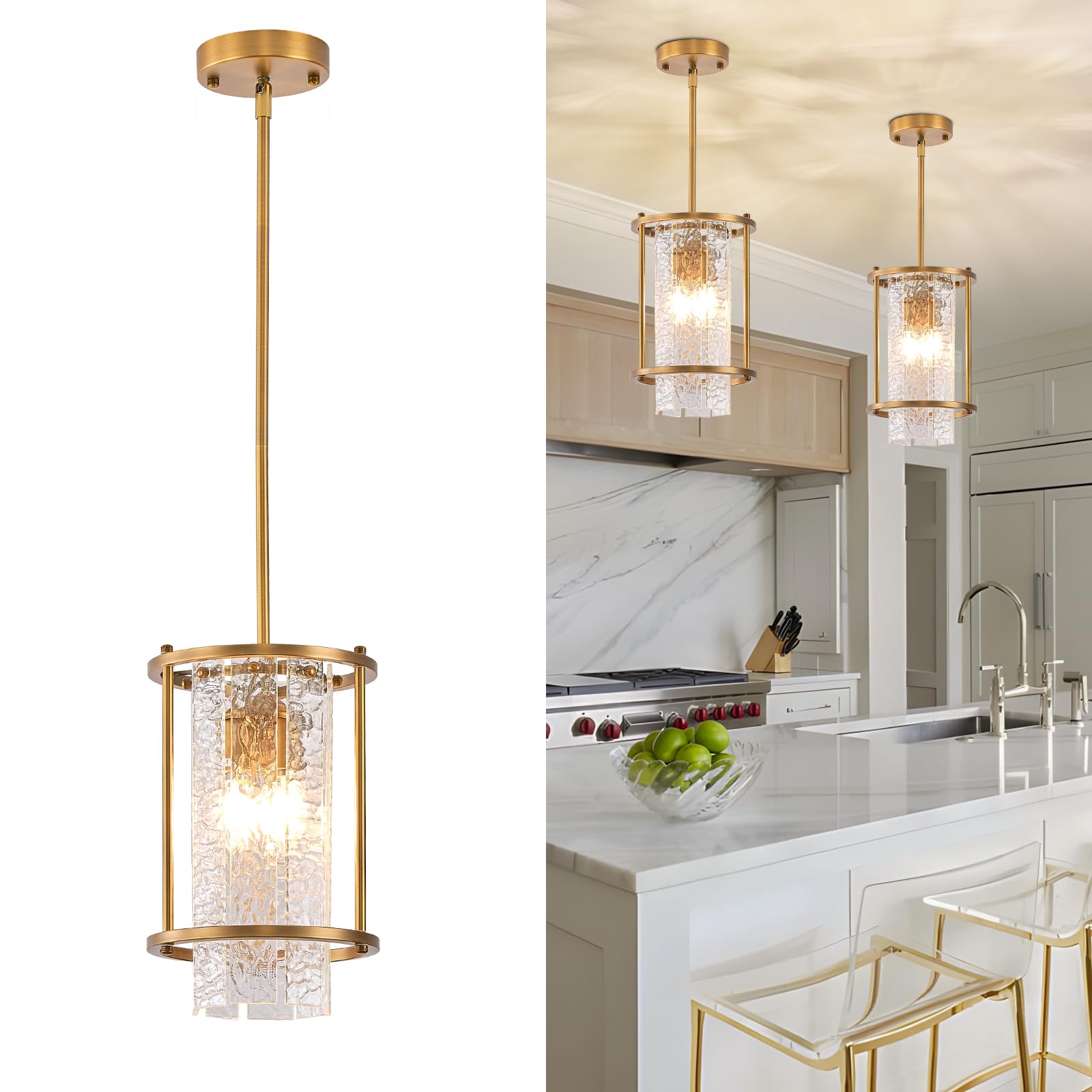 Photo 1 of ***POSSIBLY FOR PARTS & MISSING PIECES **** BIEOCUR 3-Light Vintage Gold Chandelier,7.9in Farmhouse Round Pendant Light Fixture,Adjustable Ceiling Hanging Lighting with Clear Glass Shade for Kitchen Island,Hallway,Entryway,Dining Room