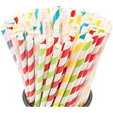 100PCS Biodegradable Paper Straws Bulk, Assorted Rainbow Colors Striped Drinking Straws for Juice, shakes, Cocktail, Coffee,Soda, Milkshakes, Smoothies,Celebration Parties and Arts Crafts Projects