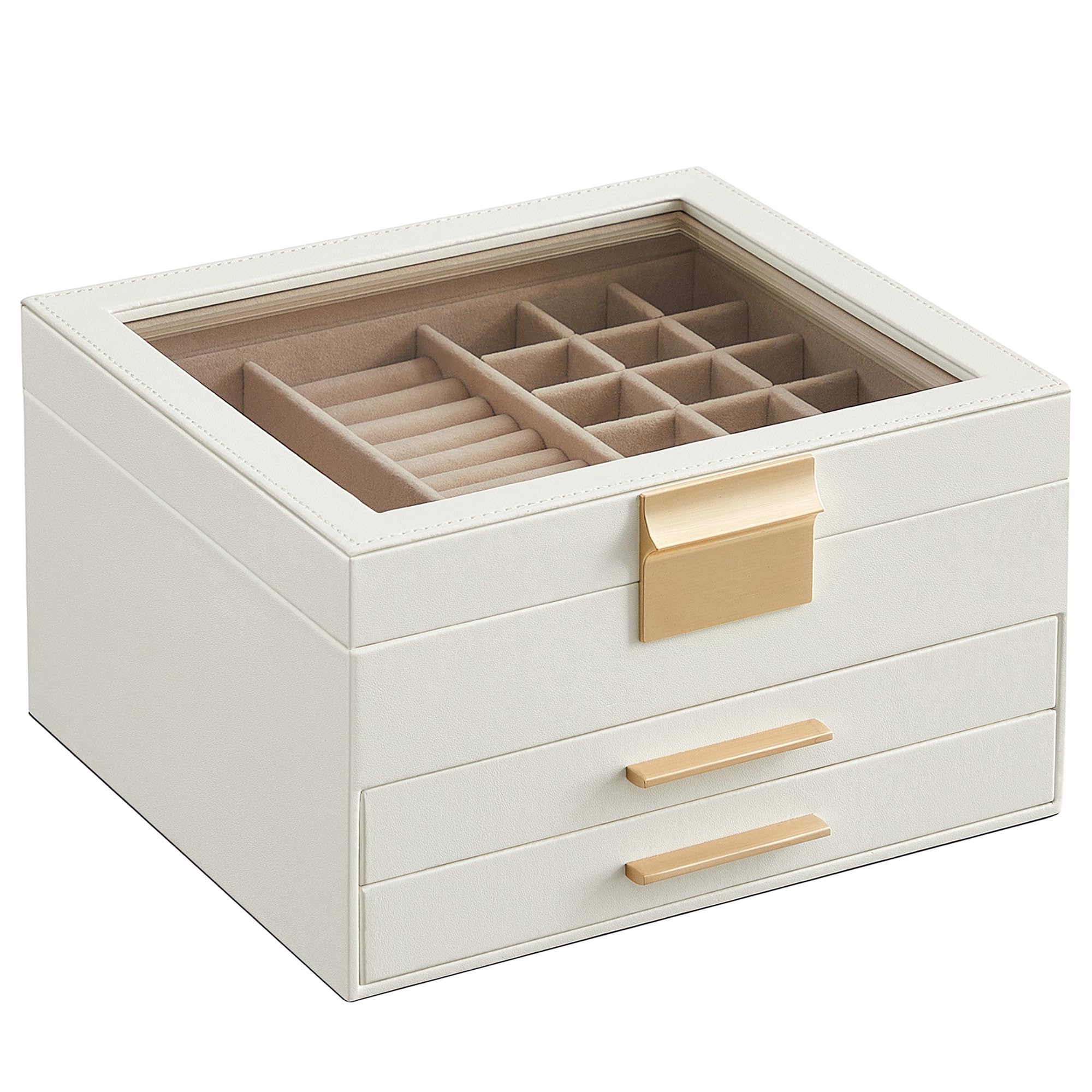 SONGMICS GISELLA Collection - Jewellery Box with Glass Lid, 3-Layer Jewellery Storage Organiser with 2 Drawers, Modern, Gift Idea, Cloud White and Gold, 20.3 x 23.1 x 13.5 cm JBC239WT