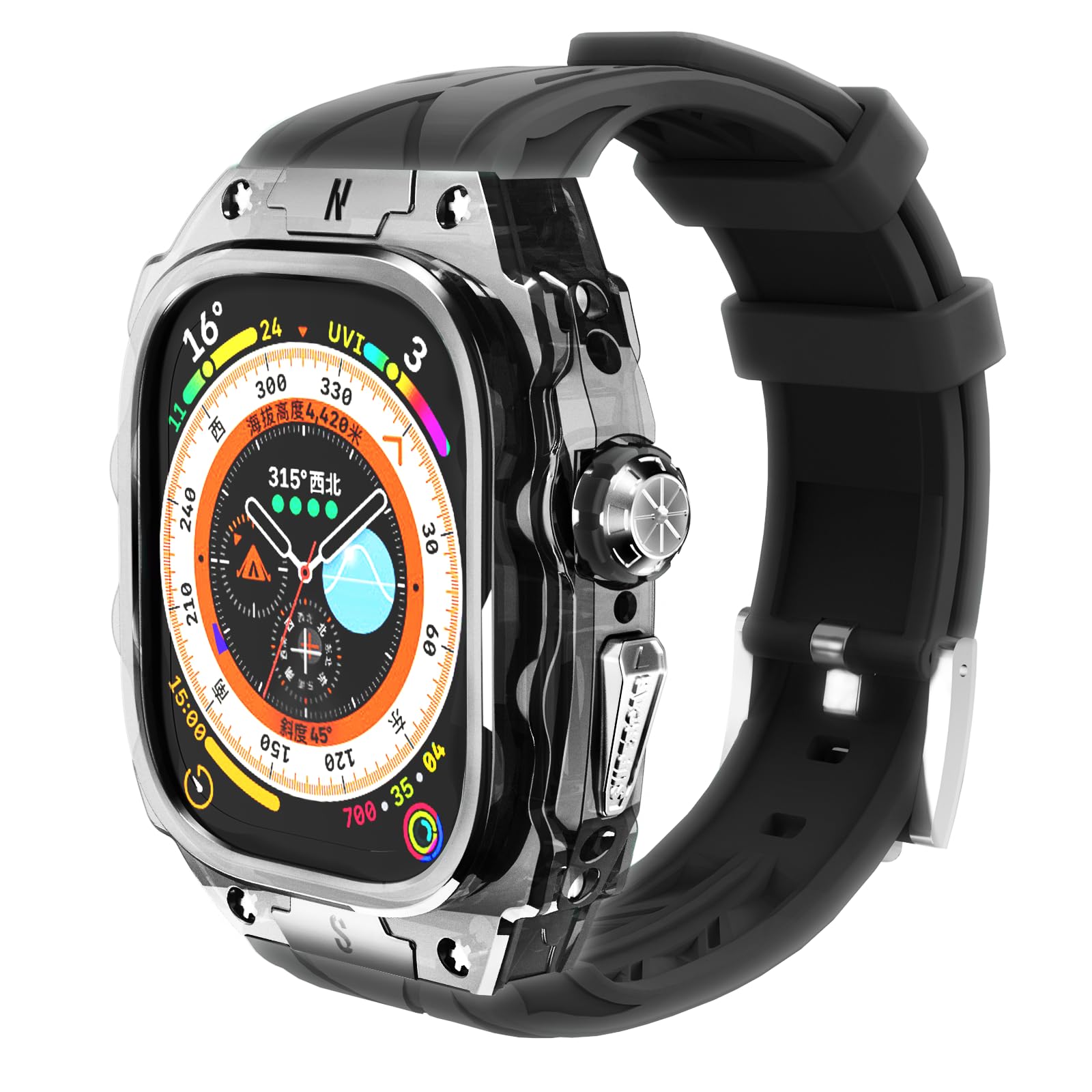 Photo 1 of Luxury Translucent Smartwatch Case for Apple Watch Ultra 1/2 49mm, Fully Wrapped Lightweight Rugged case with Band, Silicon Strap, Stainless Steel Buttons, Protective Cover for Men/Women (Black)