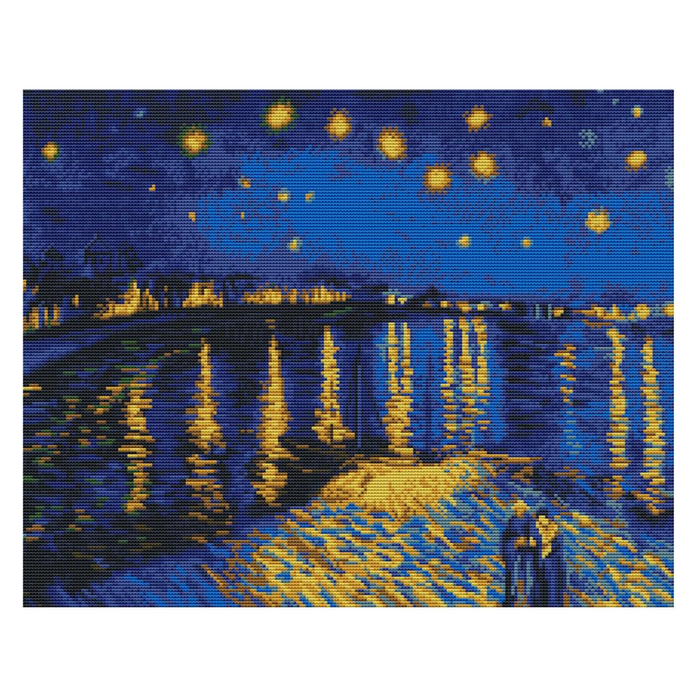 Meecaa Cross Stitch Kits 11 Count Stamped, Nile River Van Gogh Landscape Night Sky Embroidery Kit with Accessories Pre Printed (48CMx58CM) (Nile River)