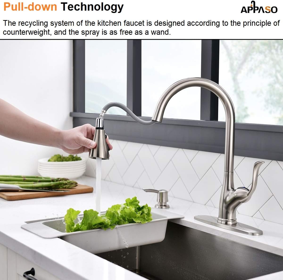 Patented Kitchen Faucet with Pull Down Sprayer and Soap Dispenser - Single Handle Stainless Steel Brushed Nickel High Arc Pull Out Kitchen Sink Faucets with Deck Plate, APPASO - - 