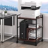 Lerliuo 24" Wide Large Printer Stand with Storage, Walnut | Printer Table for Home Office with Charging Station, 3 Tier Industrial Mobile Printer Cart with Lockable Wheels