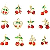 DanLingJewelry 12Pcs Mixed Style Brass Cubic Zirconia Cherry Pendants Red Imitation Fruit Charms for Jewelry Making DIY Crafts