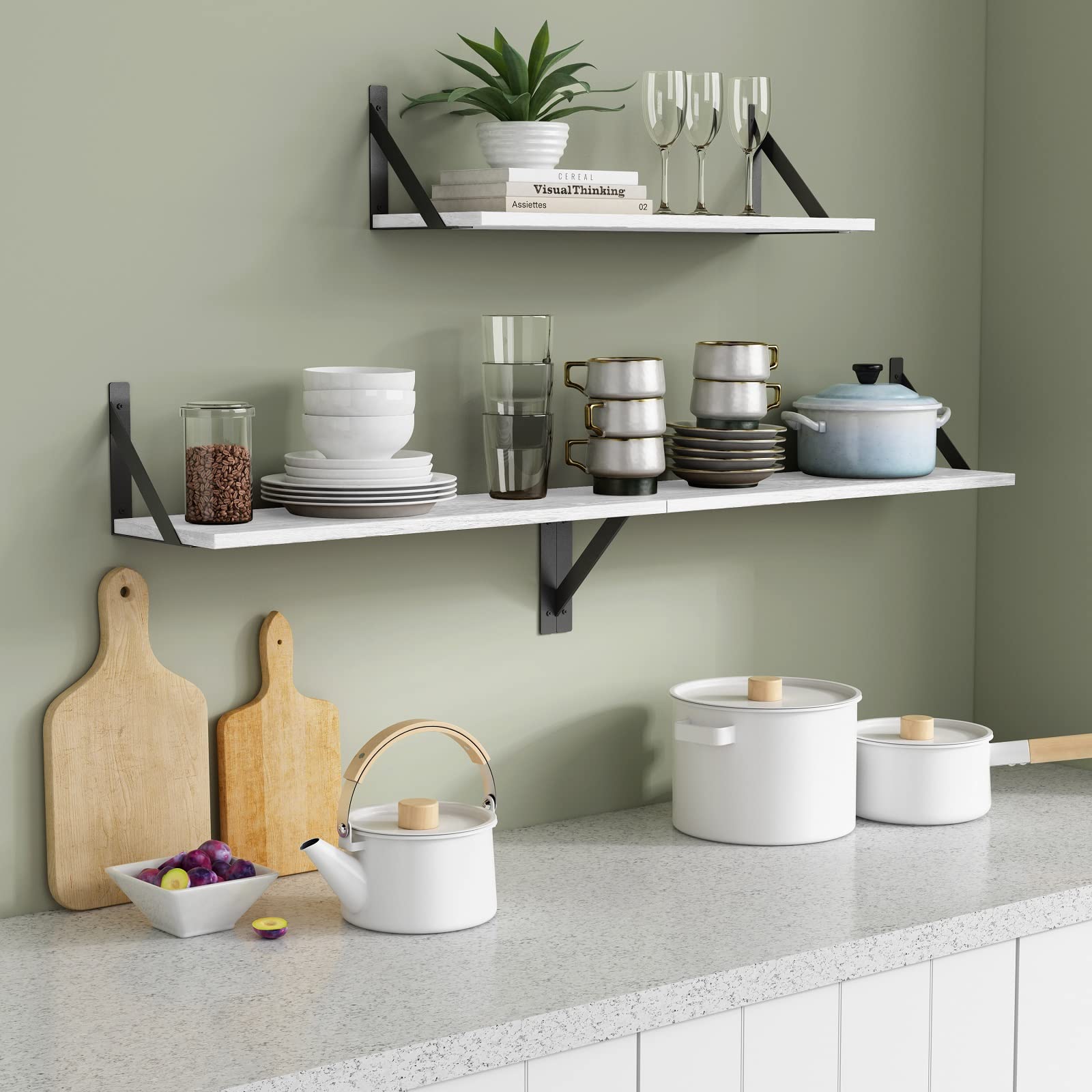 White Floating Shelves 24 inches Long Set of 3, 24 x 8 Inch Bathroom Wall Shelves Over Toilet for Towels, Modern Wood Mounted Storage Shelf for Bedroom Living Laundry Room Kitchen Office Closet