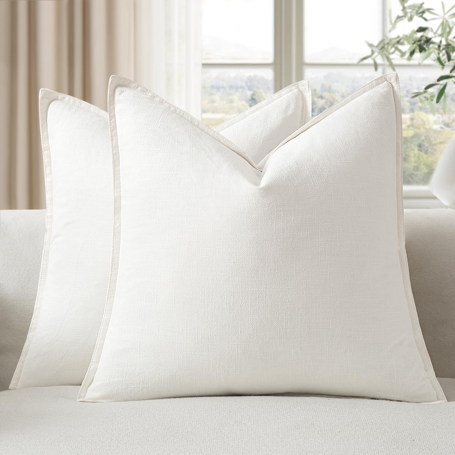 Photo 1 of ***1 pillow case missing*** EMEMA Decorative Linen Throw Pillow Covers 22x22 Inch Cream Boho Farmhouse Neutral Couch Throw Pillows for Bed Pack of 2 Accent Pillowcase Modern Sofa Cushion Livingroom Home