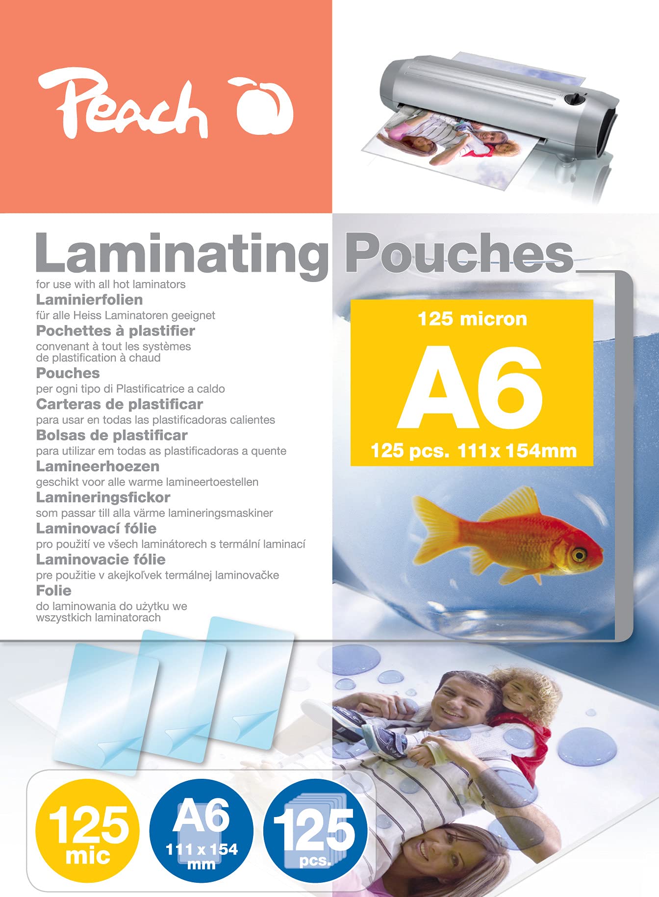 Peach Laminating Pouches A6 – 125 mic – 125 Pouches – Glossy – Premium Quality for Best Laminating Results – Compatible with Devices of All Brand Manufacturers – PP525-04P