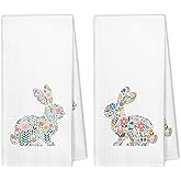 XBBMGG Bunny Kitchen Towels Set of 2, Rabbits Floral Dish Hand Tea Towels, Flower Rabbits Decorative Towels for Bathroom Kitchen, Farmhouse Bunny Decor, Easter Kitchen Bathroom Decor, 16x24 Inch