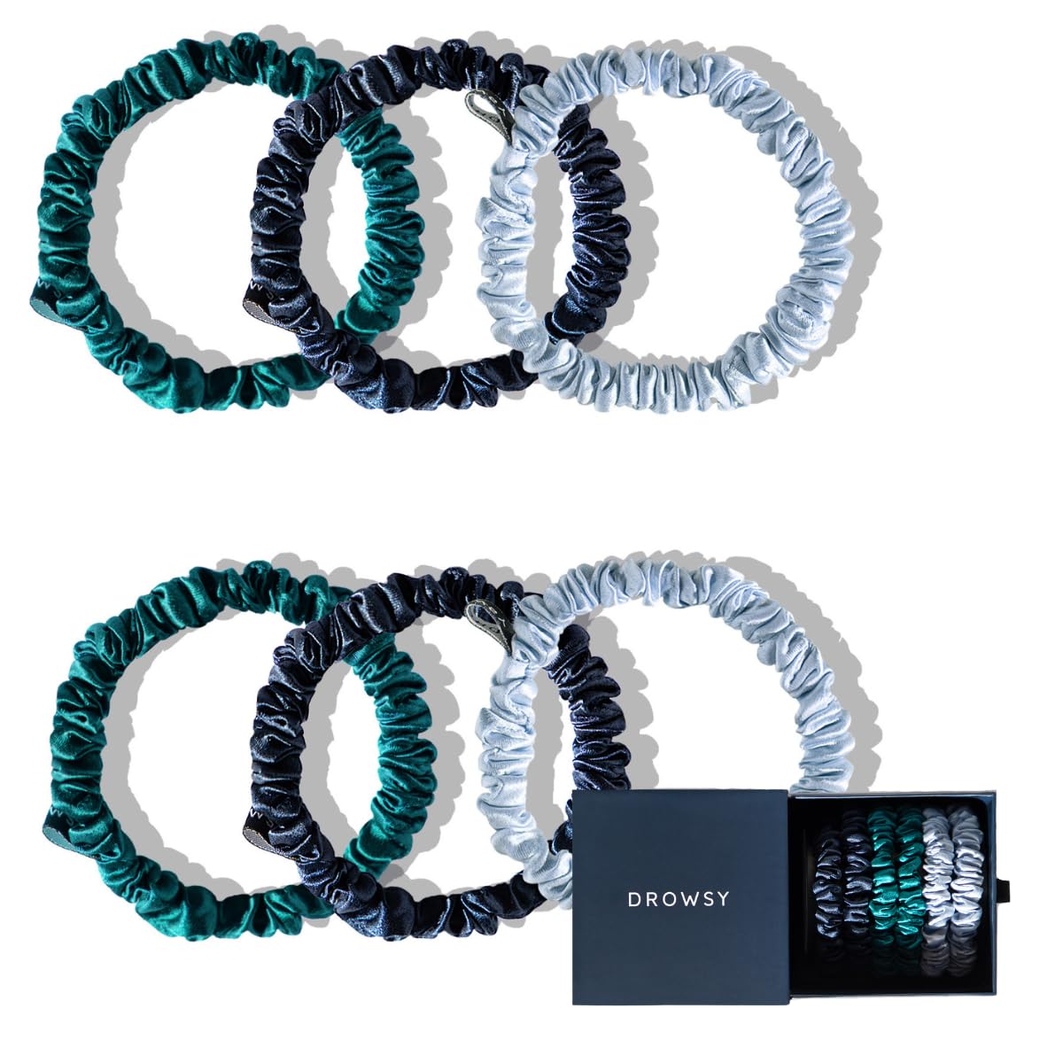 Drowsy Luxury Skinny Silk Scrunchies - Pack of 6 - Premium Hair Care Beauty Accessories for All Hair Types - Protect Hair Health, Reduce Breakages (Blue And Green Shades)