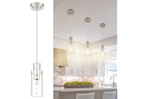 Emak Cylinder Pendant Lights Kitchen Island, Modern Brushed Nickel Pendant Light with Clear Glass Shade, 1 Light Pendant Lighting for Kitchen, Bedroom, Bathroom, PL120-BN
