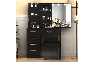 Black Vanity Desk with Sliding Mirror and Lights, Makeup Vanity Desk with Lighted LED Mirror, 3-Color Adjustable Brightness, 