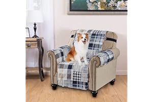 Brilliant Sunshine Plaids and Stripes Chair Slip Cover, Patchwork Design, Quilted Slipcover with 2" Strap, 23" Seat, Slip Resistant Cushion Protector, Washable Armchair Covers for Dogs, Kids, Blue