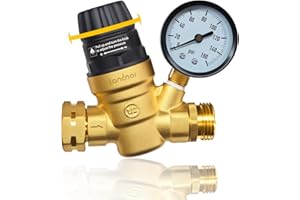 LANDNOR RV Water Pressure Regulator Valve With An Adjustable Knob, NO Tool Required, Brass Lead-Free Water Pressure Reducer with Gauge and Inlet Screen Filter for RV Camper Travel Trailer