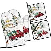 Christmas Winter Red Truck Oven Mitts and Pot Holders Sets Xmas Tree Candy Heat Resistant Non-Slip Kitchen Potholder Oven Gloves for Baking Cooking Grilling BBQ Mittens Kitchen Decor and Accessories