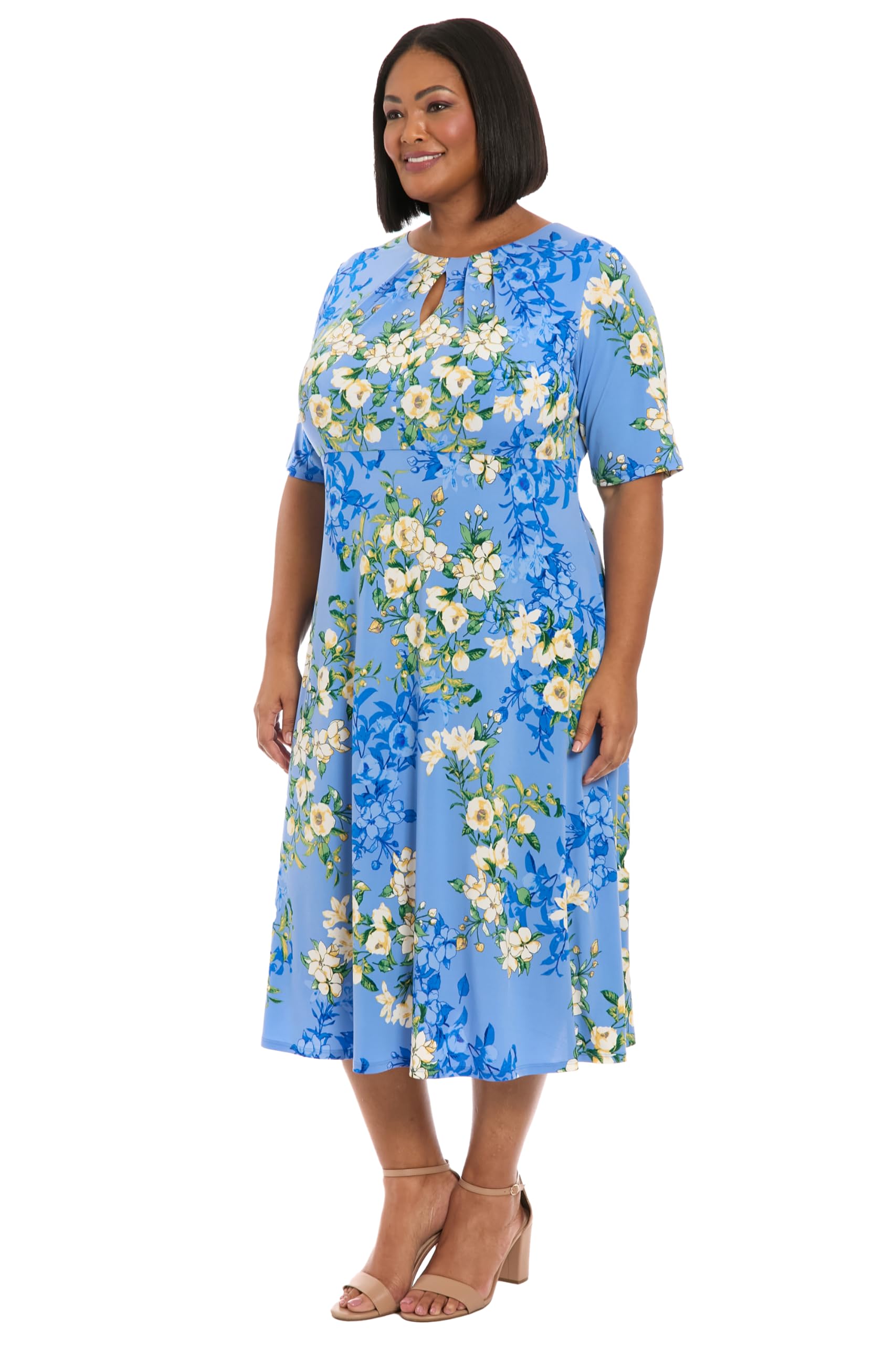 London Times Women’s Dresses Women’s Empire Waist Three Quarter Sleeve A-Line Midi – Keyhole Neck – Wedding Guest Dress, Della Robbia Blue/Yellow, 14