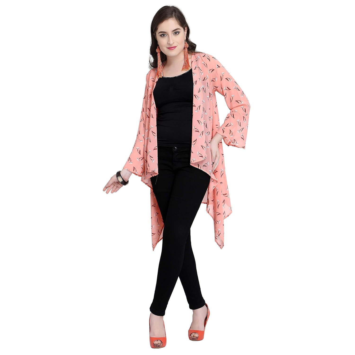 serein women's pink floral print georgette long sleeve long shrug jacket