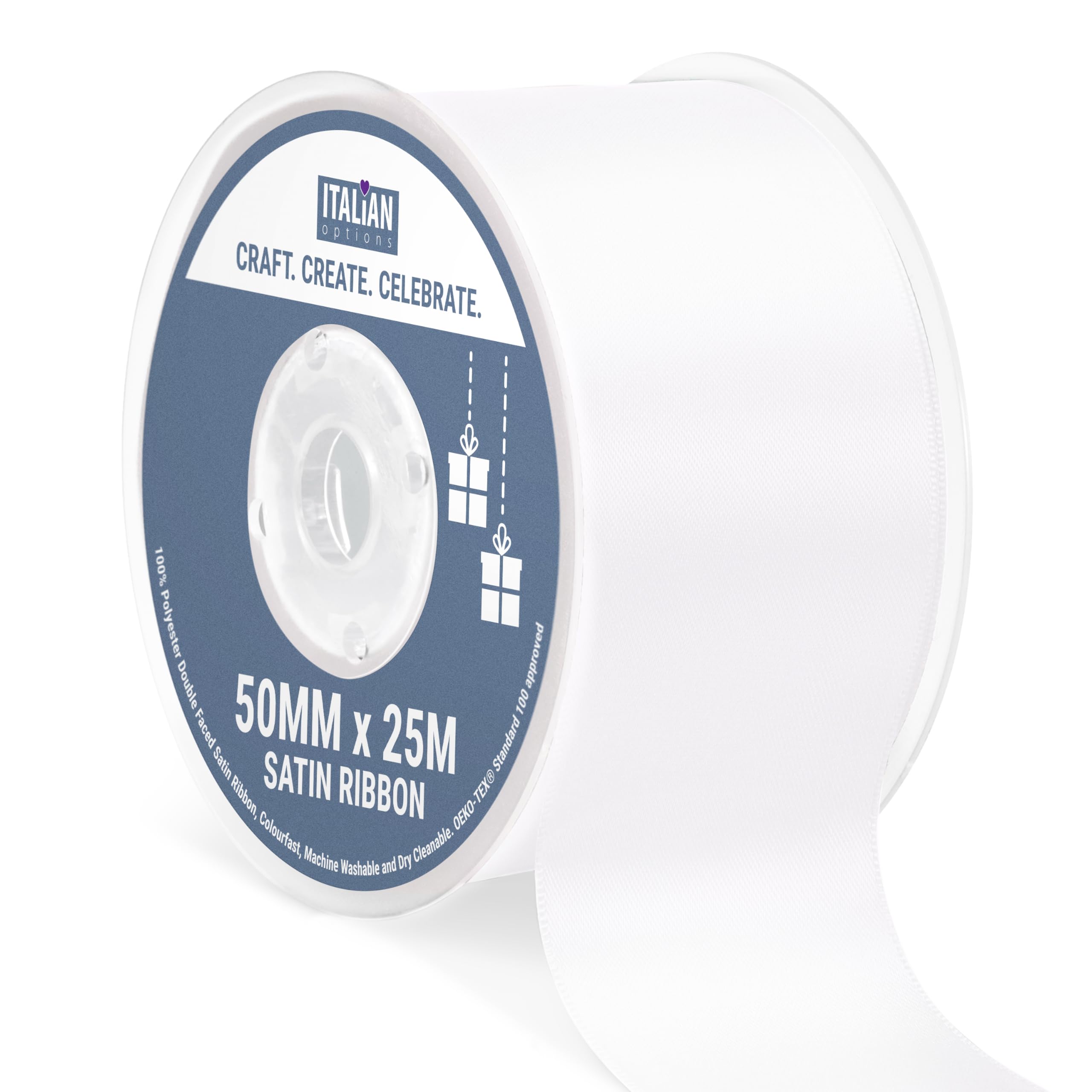 Italian Options Satin Ribbon, Fabric Ribbons for Gift Wrapping, Crafting, Balloons, Wedding Car, Presents, Cake, Christmas, Birthday, Gift Wrap Accessories, 50mm Wide x 25 Metre Roll, White