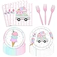 96 Pcs Ice Cream Birthday Tableware Set Ice Cream Truck Shop Party Supplies Summer Here's The Scoop Sweet Happy Birthday Decorations for Girls with Paper Plates Napkins Forks Serves 24 Guests