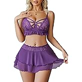 Avidlove Lingerie for Women Naughty Lace Bralette and Mini Skirt 3 Piece Lingerie Set Rave Outfits S-XXL