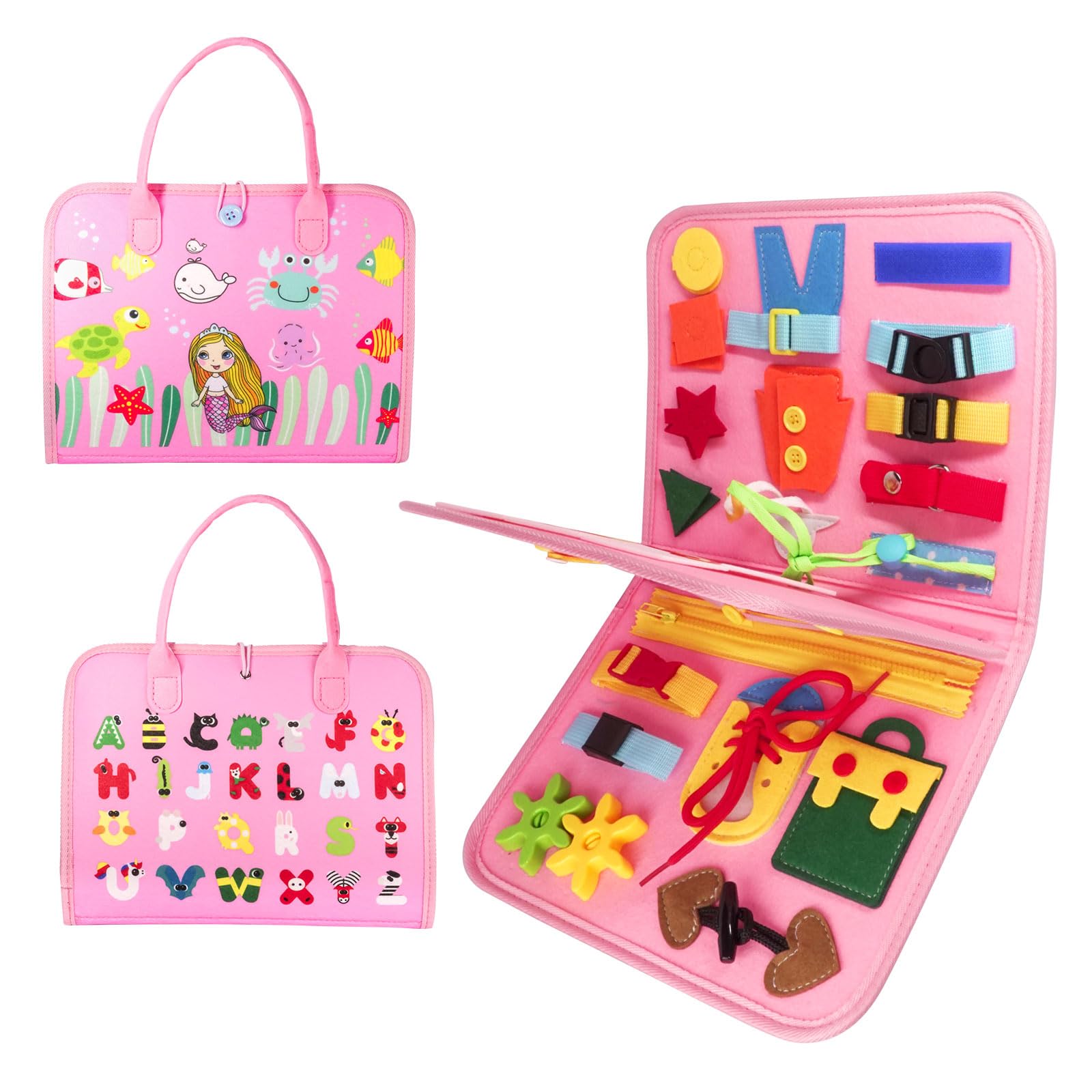 EVERGD Busy Board Montessori Toys Versatile 7 in 1 Educational Activity Sensory Toys Board, Travel Toy - Inspiring Educational Fine Motor Skills learning and Fun for Toddlers (Mermaid, 1-Layer)