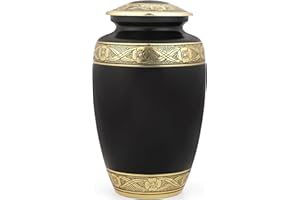 Handcrafted Metal Cremation Urn for Adults - Elegant, Durable Funeral & Memorial Urn for Ashes, Decorative Urn with Secure Threaded Lid, Spacious, Timeless Design 11" (Black & Gold) - CLEENTABLE