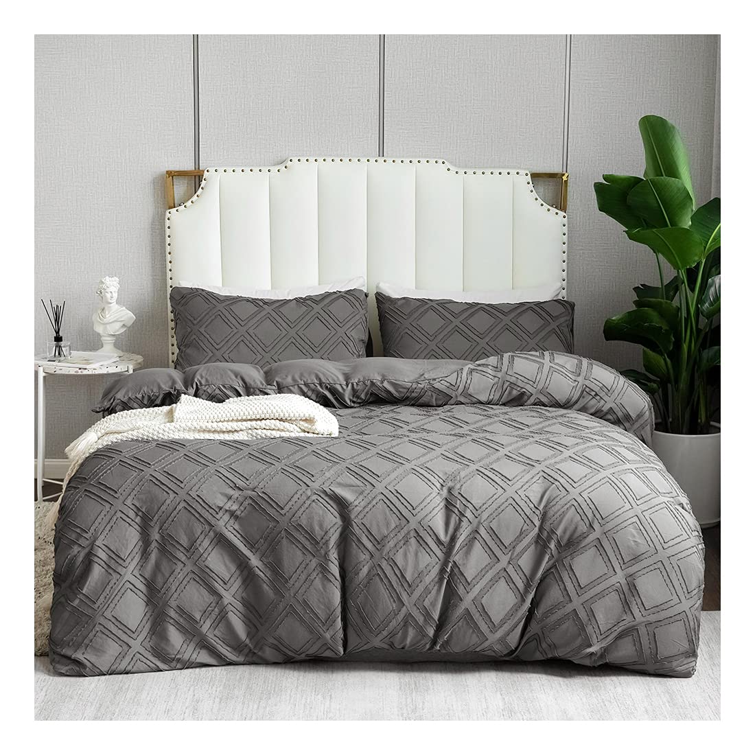 SAIF Embroidery Fabric Duvet Cover Set Soft Brushed Microfiber TC600 Duvet Quilt Comforter Cover Set Lightweight Breathable All Seasons Premium Hotel Quality Bedding Set (Double (200x200cm), Grey)