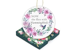 DAKYZUKA Memorial Christmas Ornament - Now She Flies With Hummingbirds - Bereavement Sympathy Gift in Loving Memory - 3in Round Ceramic Tree Ornament With Gift Box