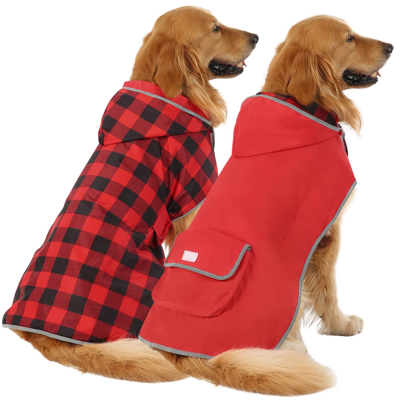 HDE Reversible Dog Raincoat Hooded Slicker Poncho Rain Coat Jacket for Small Medium Large Dogs Buffalo Plaid Red - XXL