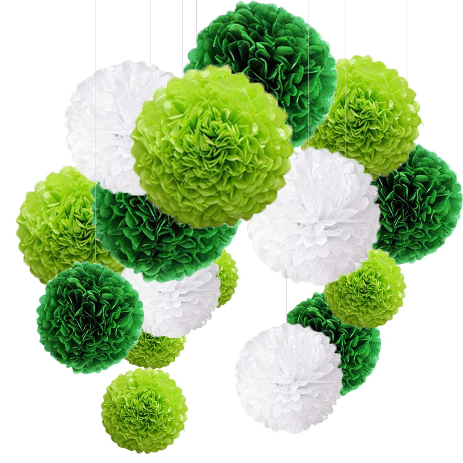 15 pcs Pom pom Decorations Tissue Pom Poms Paper Flower Ball for Wedding Festival Party for a Photo Wall Green White (30.5 cm / 25 cm / 20 cm)