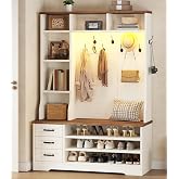 TVU Storage Hall Tree with Bench &amp; 3 Drawers, 22-in-1 Coat Rack With 9 Coat Hooks, Farmhouse Entryway Bench With 9 Open Shelves for Hallway, Entryway (Hall Tree)
