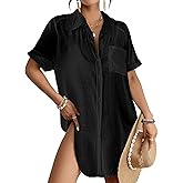 Bsubseach Women Beach Shirt Bathing Suit Cover Up Embroidered Lapel Blouses Button Down Collar Tops