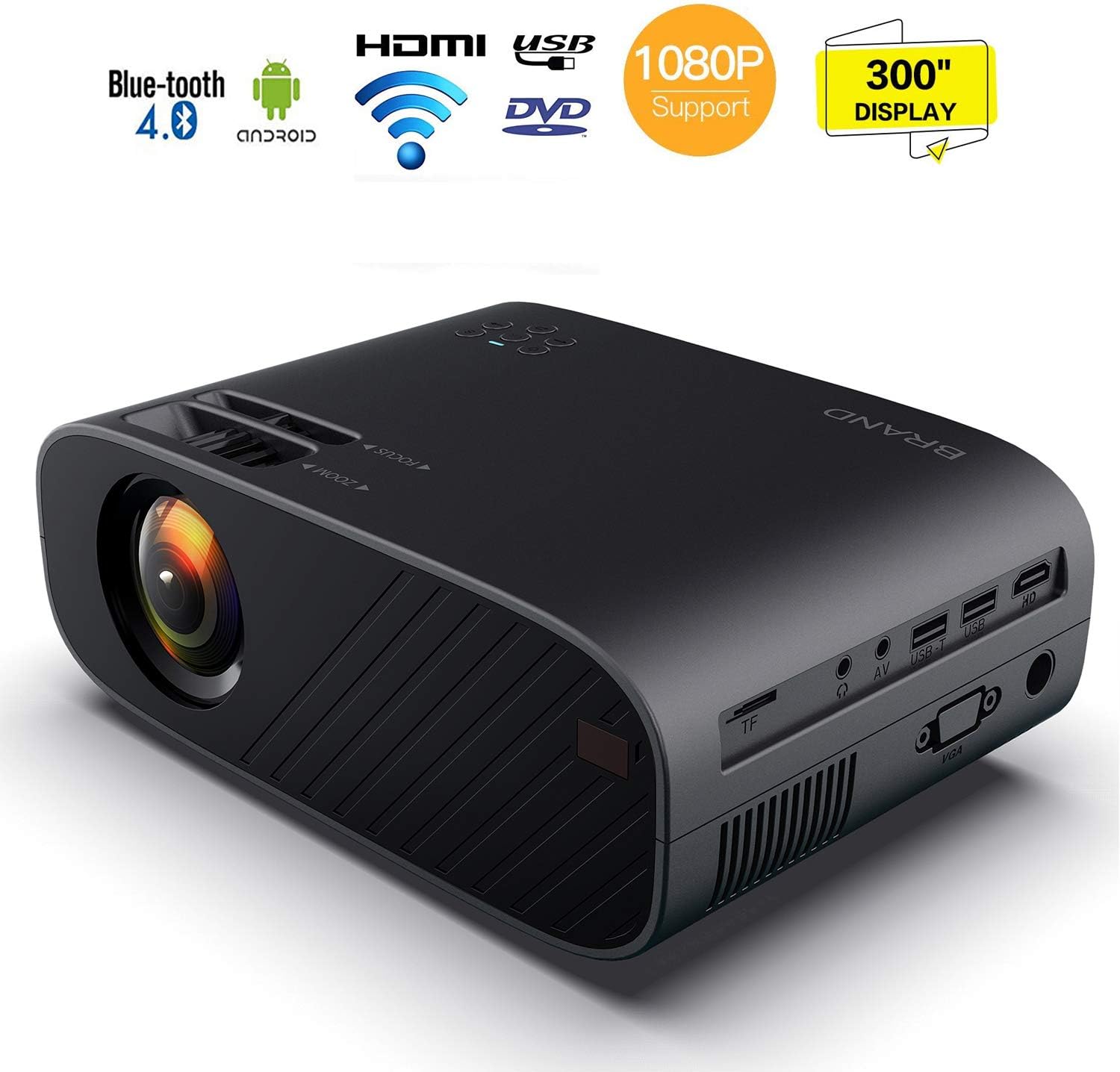 YAYY Projector 1080P, 10000 Lumen Video Projector HD 1080P Mini Portable Projector LED Projector Support 300" Home Cinema Projector LCD Projector Compatible Smartphone,TV Box,HD Video Projector