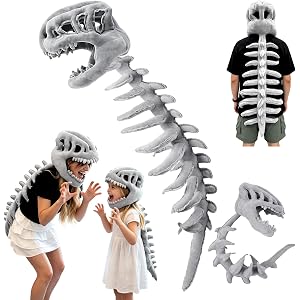 Dinosaur Skeleton Costume, 3D Wearable Plush Skeleton for Halloween Cosplay | Spinosaurus Skull Mask with Plush Spine Tail Ou