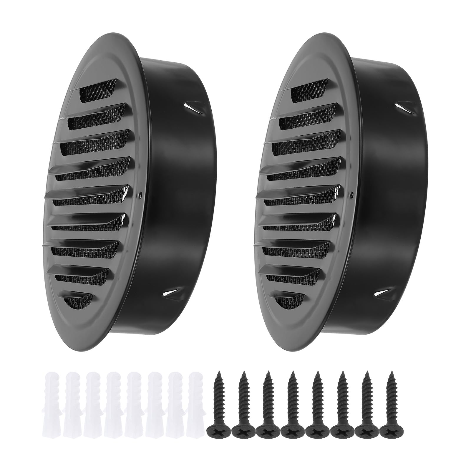 PATIKIL 8" Round Air Vent Cover, 2pcs Stainless Steel Louvered Wall Inlet Outlet Grill Screen Mesh Ducting Soffit Vent with Screws for Ventilation, Black