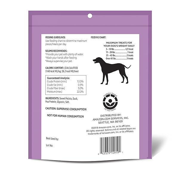 AMAZON BRAND – SOLIMO SWEET POTATO & DUCK JERKY DOG TREATS, 2 POUNDS