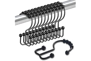 Shower Curtain Hooks, 12 Pcs Rust Proof Shower Curtain Rings, Heavy Duty Double Sided Shower Hooks for Bathroom Curtain, Blac