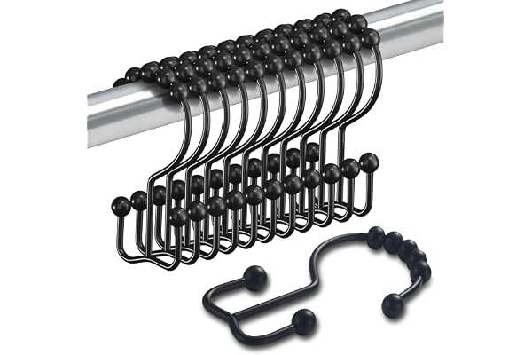 Shower Curtain Hooks, 12 Pcs Rust Proof Shower Curtain Rings, Heavy Duty Double Sided Shower Hooks for Bathroom Curtain, Blac
