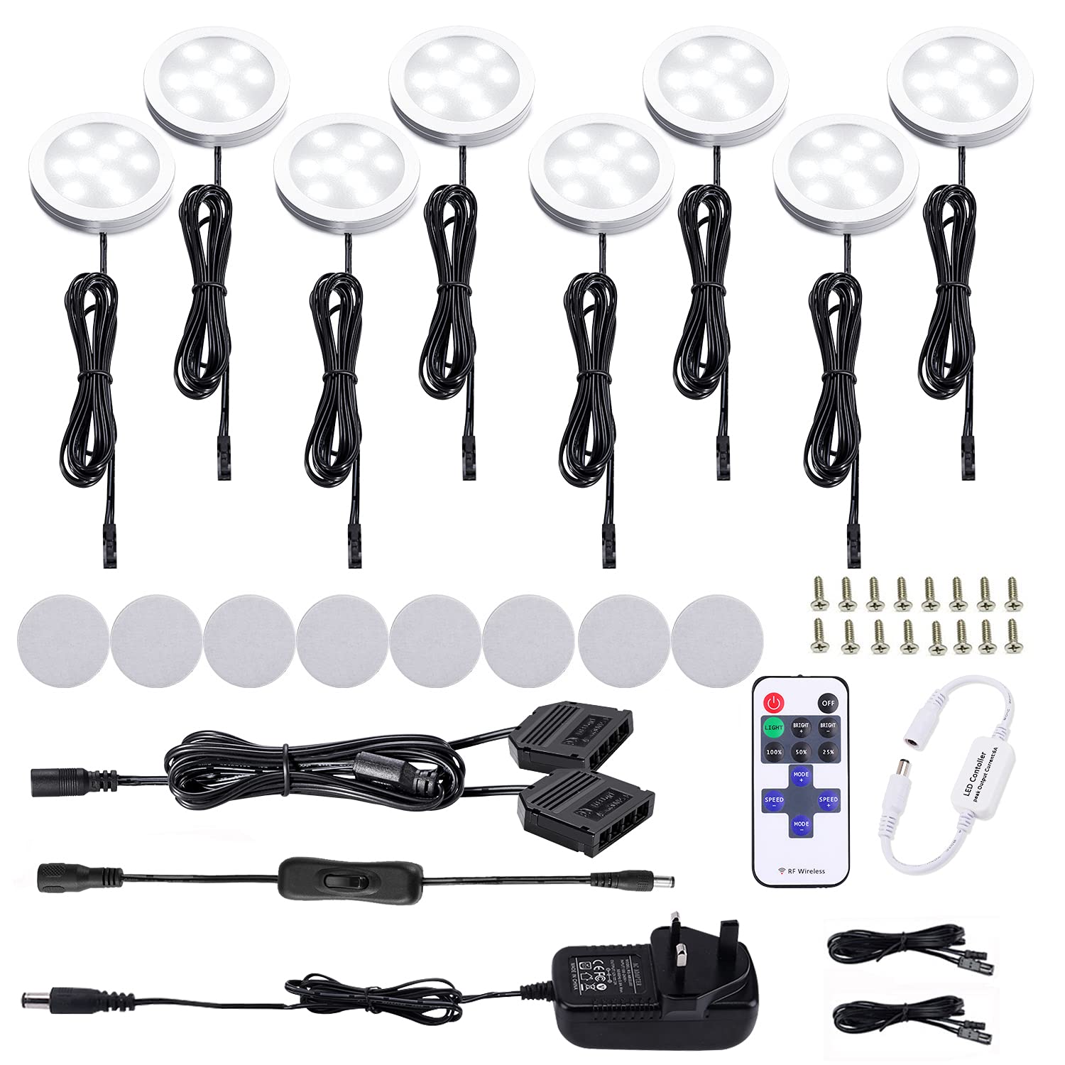 AIBOO LED Under Cabinet Kitchen Lights 8 Pack Dimmable with Remote,240V LED Puck Lights Plug in Under Counter Lights for Kitchen,Cabinet,Cupboard,Display Shelf,Bookcase,Daylight White 6000K