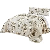 Grand Linen 3-Piece Fine Printed Oversize (115 X 92 Inch) Tropical Palm Tree King Size Quilt Set Reversible Bedspread Coverlet Bed Cover (Beige, Sage Green, Brown)