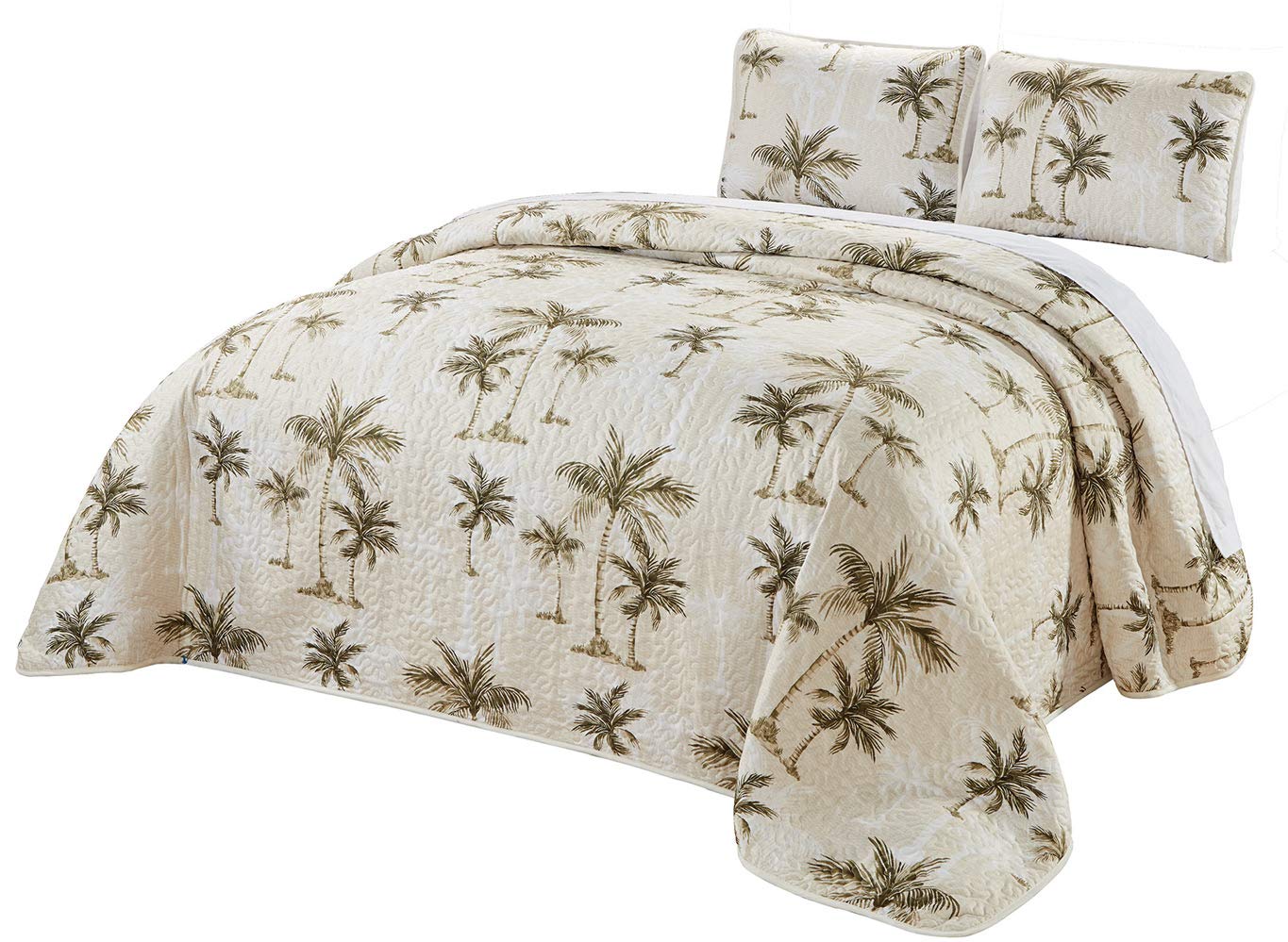 Photo 1 of Grand Linen 3-Piece Fine Printed Oversize (115 X 92 Inch) Tropical Palm Tree King Size Quilt Set Reversible Bedspread Coverlet Bed Cover (Beige, Sage Green, Brown)