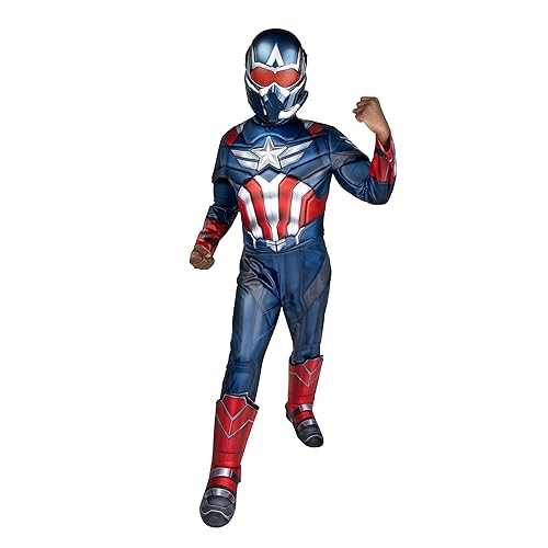 MARVEL Captain America Official Youth Halloween Costume - Premium Quality Padded Jumpsuit with Plastic Mask (M)