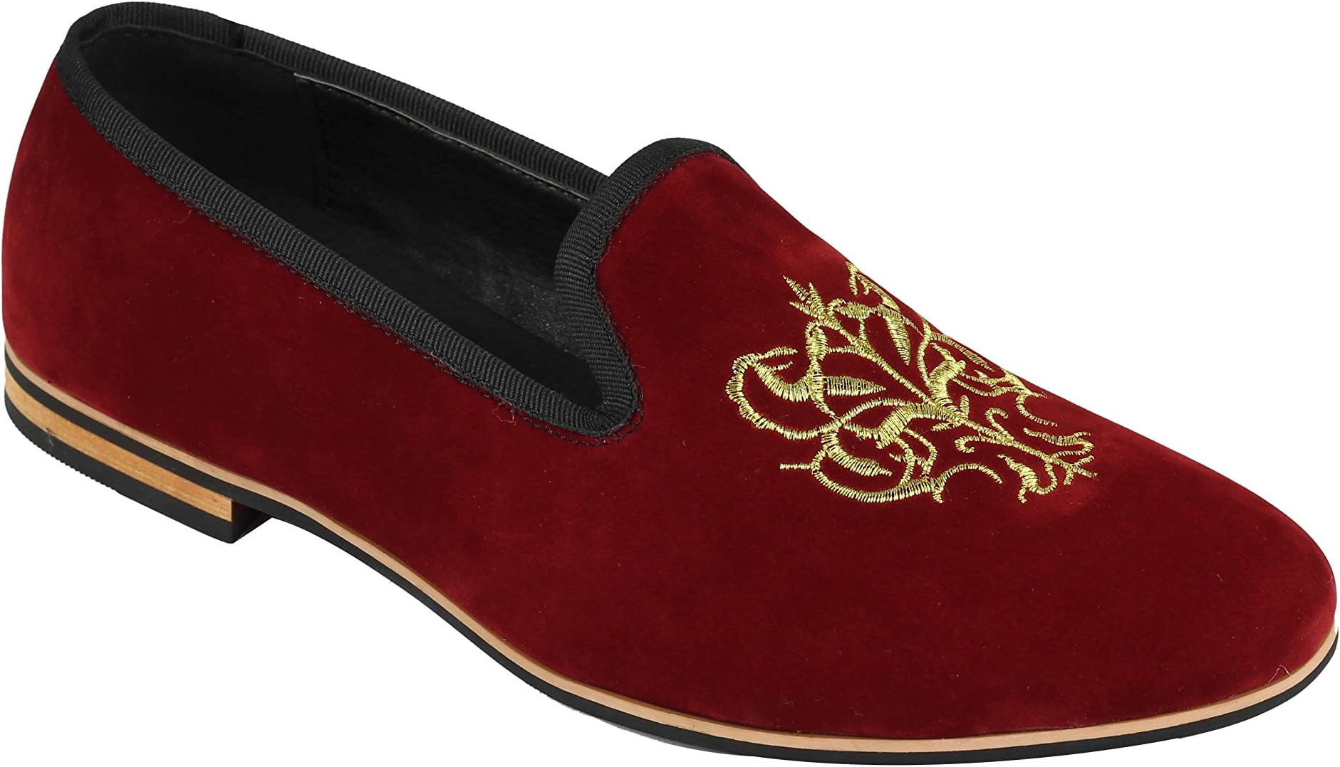 Mens Faux Suede Leather Gold Embroidered Floral Crest Logo Slip on Loafers Dress Shoes