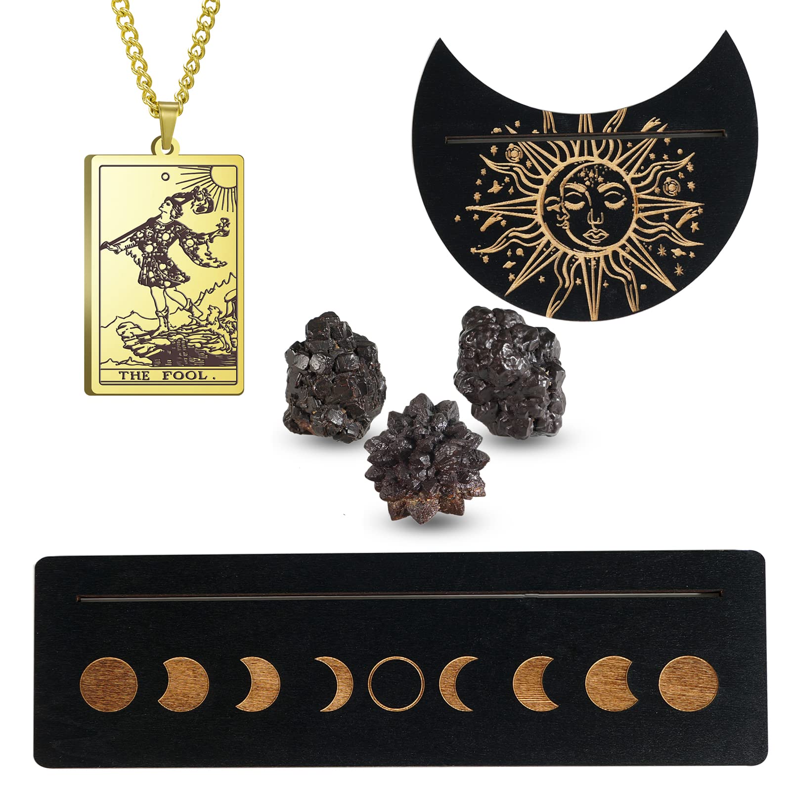 Healing Crystal Moon Shaped Wooden Rectangular Tarot Base Bracket Black Wood Display Stand Black Diamond Rough Stone Ornament Gold Tarot Card Necklace for Witch Divination Tools, Altar Decor