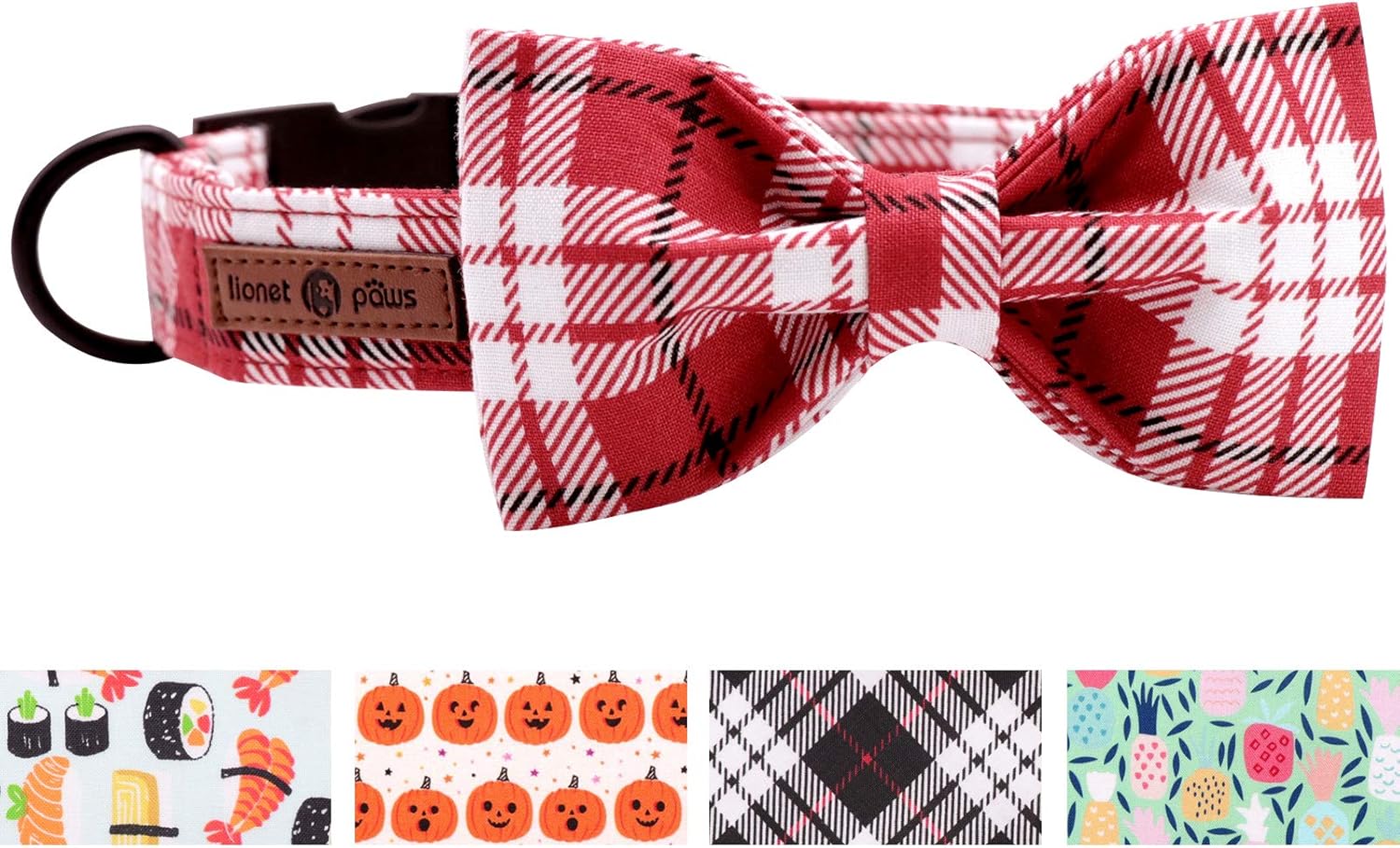 lionet paws Dog Collar Durable Adjustable Metal Buckle Collar with Bowtie for Medium Dogs Neck 34-55cm M, Red Grid, M (Pack of 1)